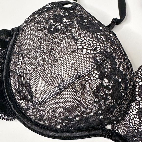 Victoria's Secret Sexy Little Things Push-up Bra 34C Black Lace Rhinestones - Picture 4 of 10